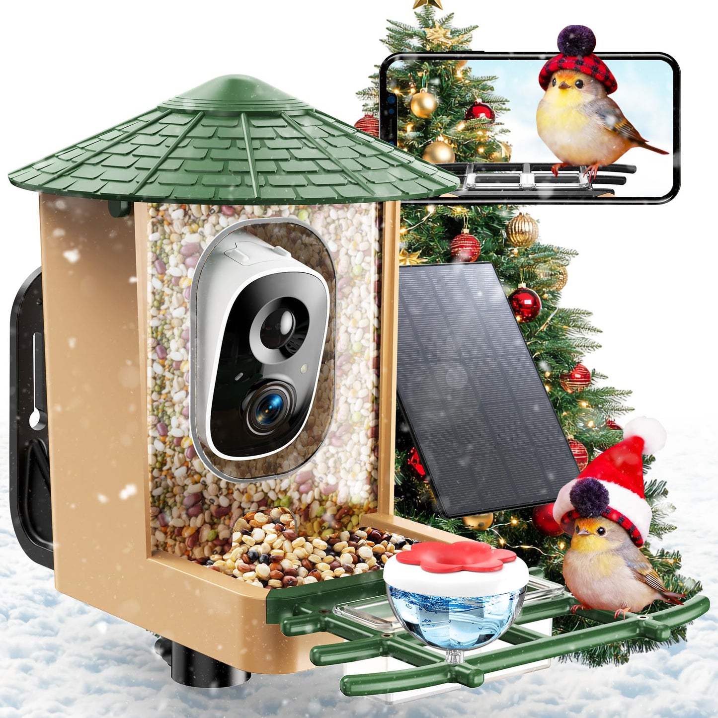 Smart Bird Feeder with Camera with AI Identify Birds Species & Solar Panel, WiFi Birdfeeder with Cam, 2K Live View, Chew-Proof & Waterproof Design, Real-Time App Alerts, Gift for Bird Lovers, Green