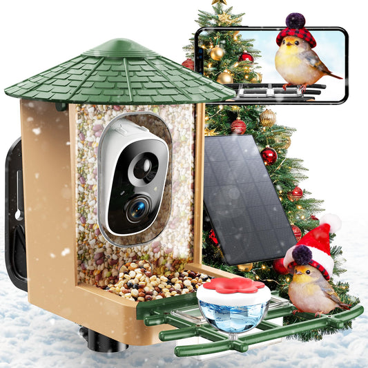 Smart Bird Feeder with Camera with AI Identify Birds Species & Solar Panel, WiFi Birdfeeder with Cam, 2K Live View, Chew-Proof & Waterproof Design, Real-Time App Alerts, Gift for Bird Lovers, Green