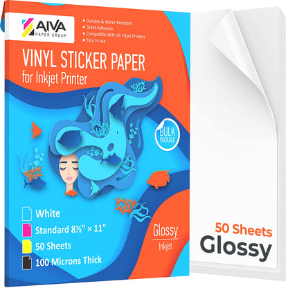 Printable Vinyl Sticker Paper - Waterproof Decal Paper for Inkjet Printer - 50 Self-Adhesive Sheets - Glossy White - Standard Letter Size 8.5"x11"