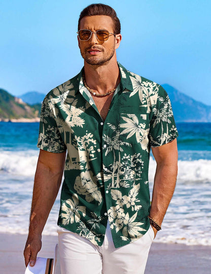 COOFANDY Men's Short Sleeve Hawaiian Shirts for Men Casual Button Down Shrts Summer Beach Shirts, Green - Palm Tree, 4X-Large