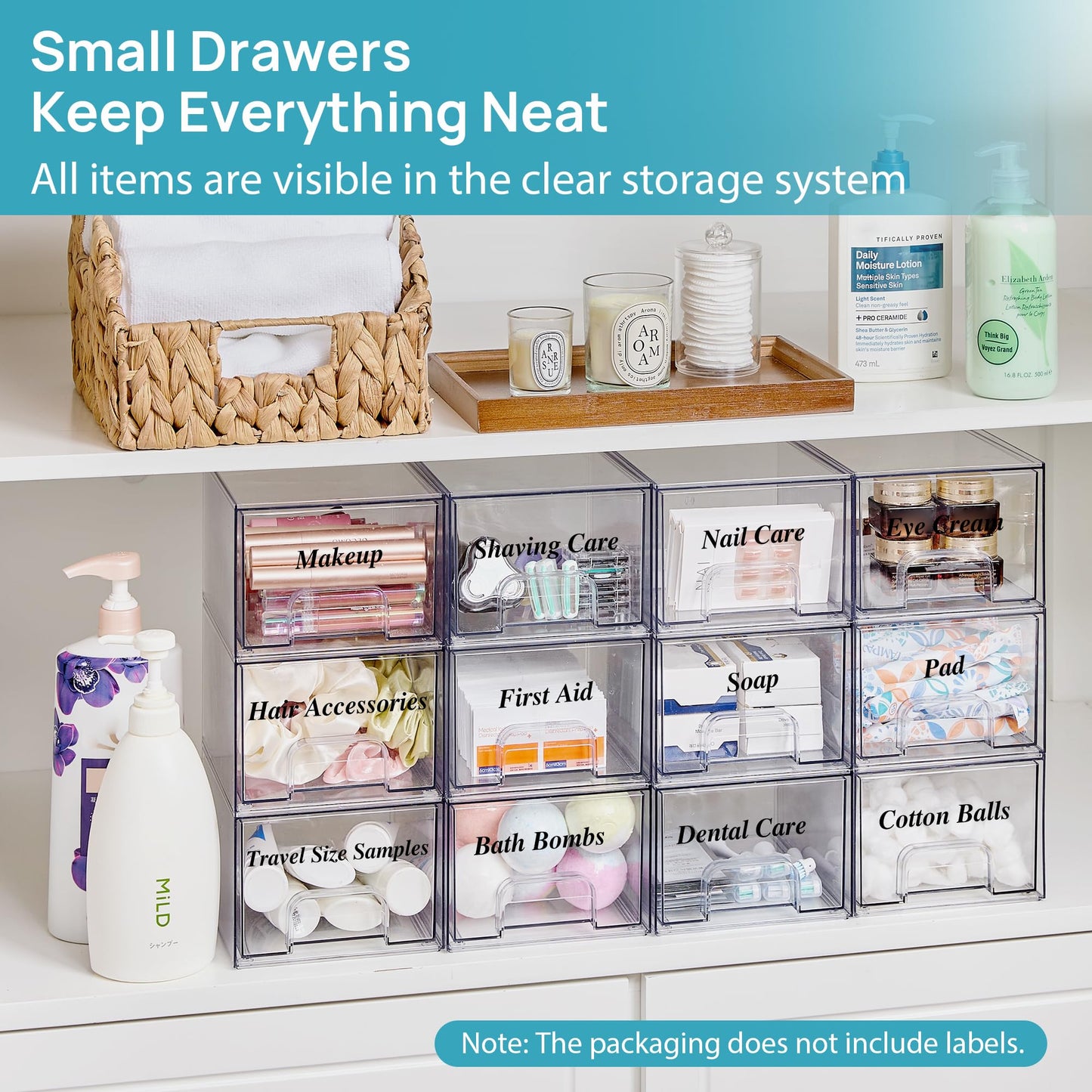 Vtopmart 2 Pack Small Clear Stackable Storage Drawers,Acrylic Bathroom Makeup Organizer,Plastic Storage Bins For Vanity, Undersink, Kitchen Cabinets, Pantry, Home Organization