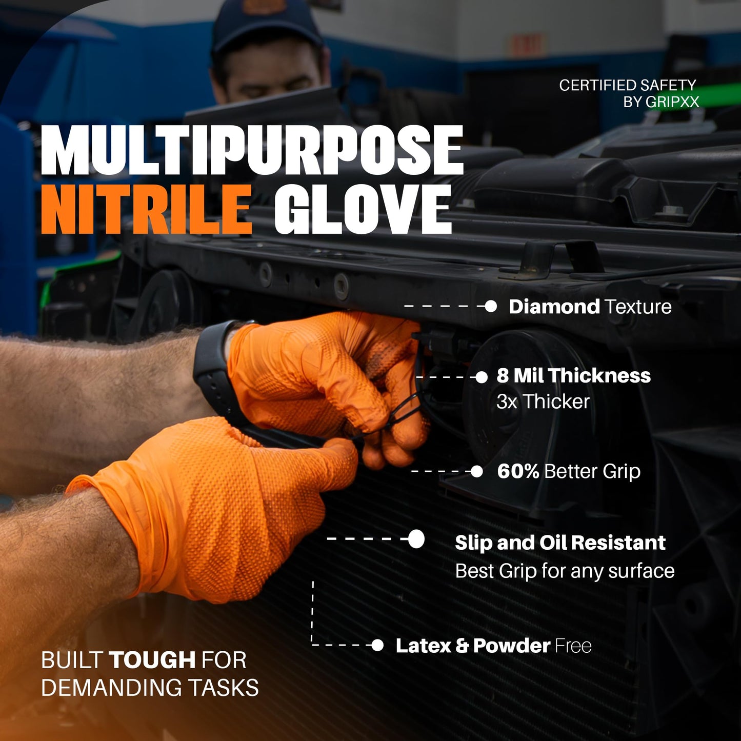 GRIPXX Herkules Grip Heavy Duty 8Mil Orange Nitrile Gloves,3D Raised Diamond Texture-Latex & Powder Free-Industrial, Mechanic (10, X-Large)