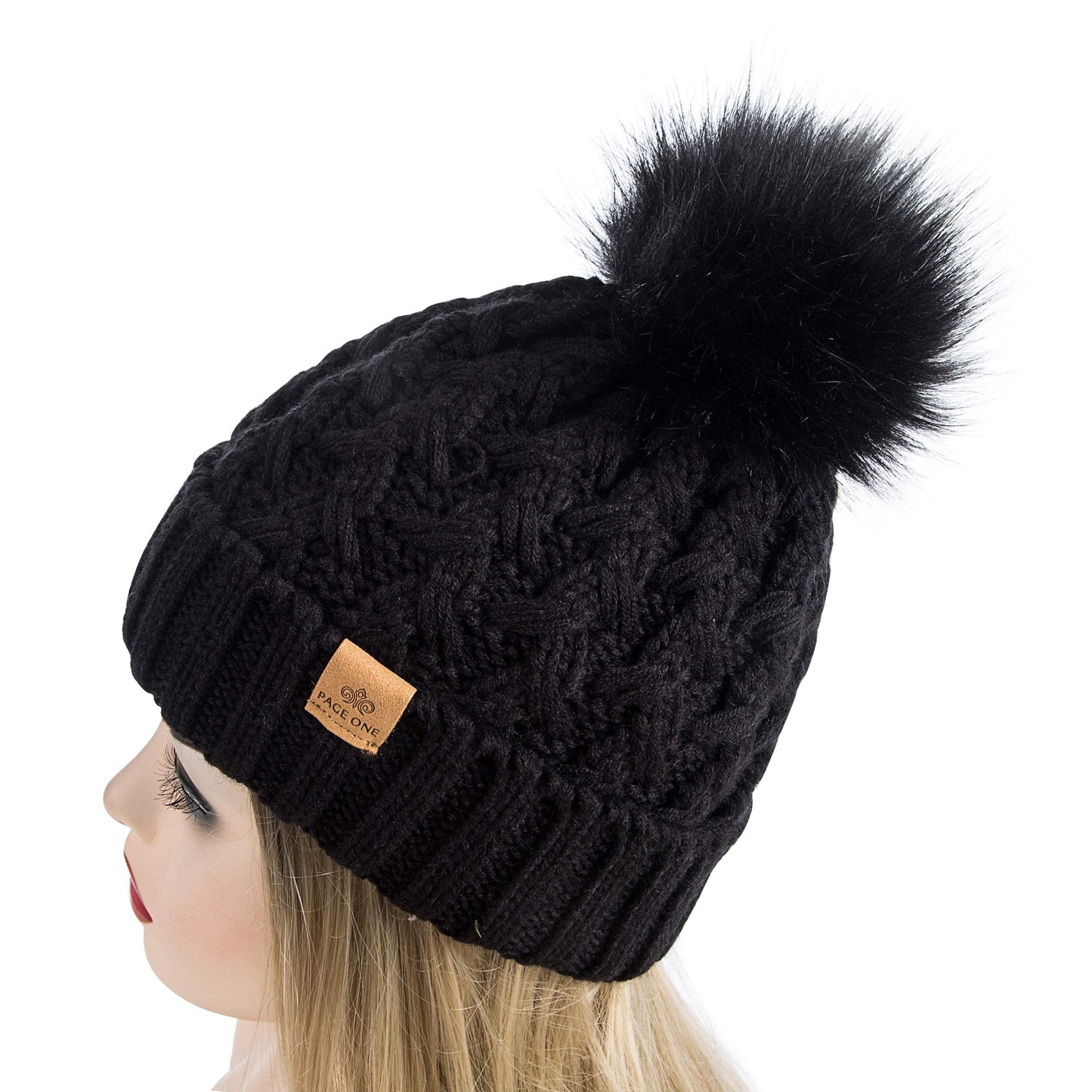 PAGE ONE Womens Winter Ribbed Beanie Crossed Cap Chunky Cable Knit Pompom Soft Warm Hat Black