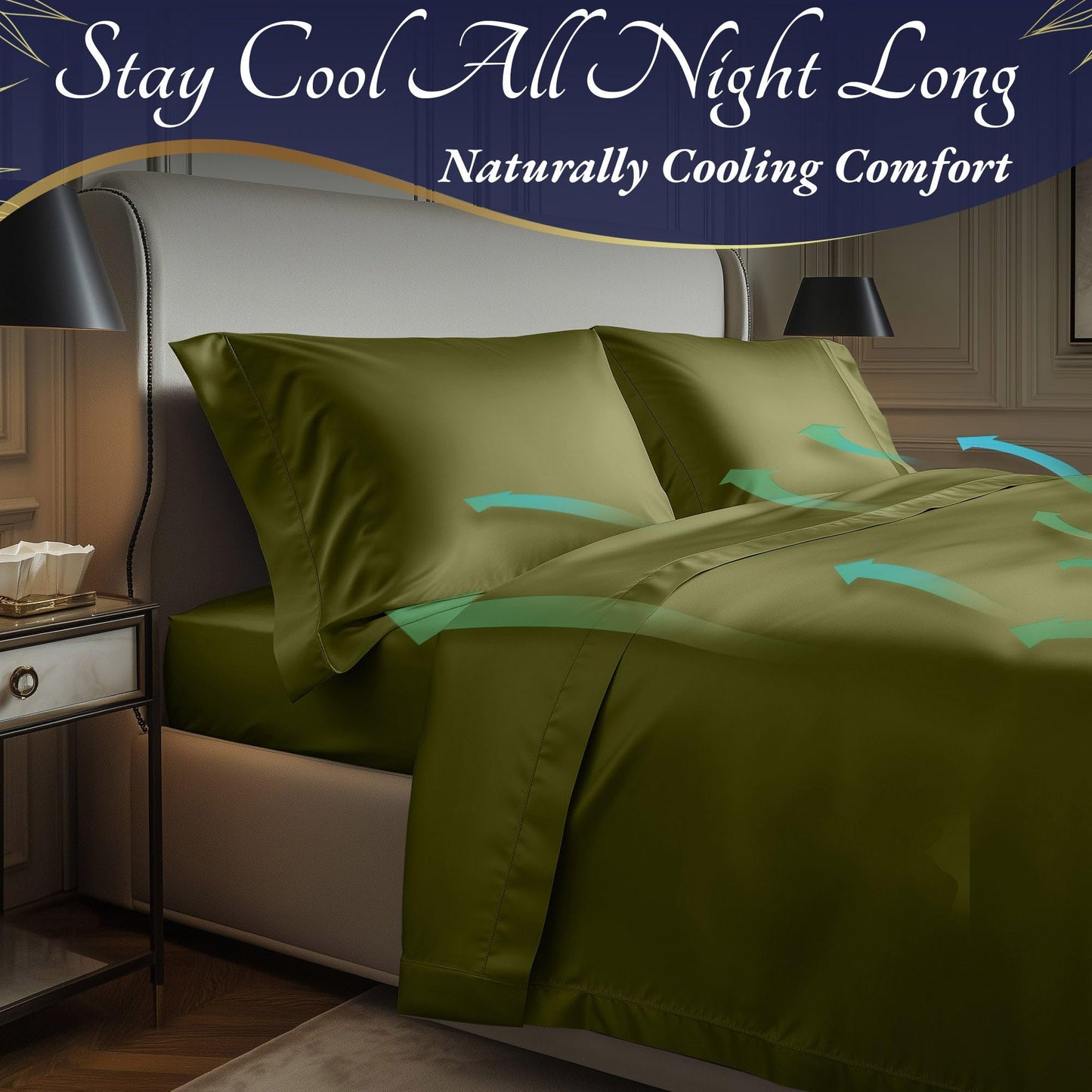 DECOLURE 100% Viscose Derived from Bamboo Sheets King Size 4pcs - Ultra Soft & Luxuriously Cooling, 17" Deep Pocket, Double Stitching, Perfect for Hot Sleepers - King Bed Sheets (Light Olive)