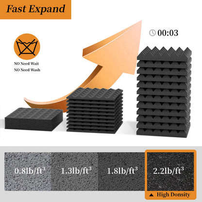 16 Pack Acoustic Foam Panels,12x12x2 inches Sound Proof Foam Panels for Walls, Fast Expand Pyramid Designed High Density Sound Panels Noise Reducing with Self-Adhesive(Black)