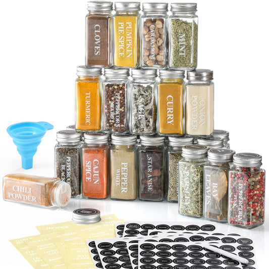 AOZITA 24 Pcs Glass Spice Jars with Labels - 4oz Empty Square Spice Bottles Containers, Condiment Pot - Shaker Lids and Airtight Metal Caps - Silicone Collapsible Funnel Included