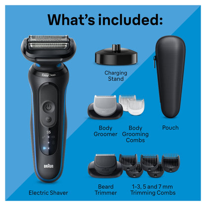 Braun Electric Shaver for Men, Series 5 5150cs, Wet & Dry Razor, Turbo Shaving Mode, Foil Shaver, with Beard Trimmer, Body Groomer and Charging Stand, Blue, Holiday Gifts for Men