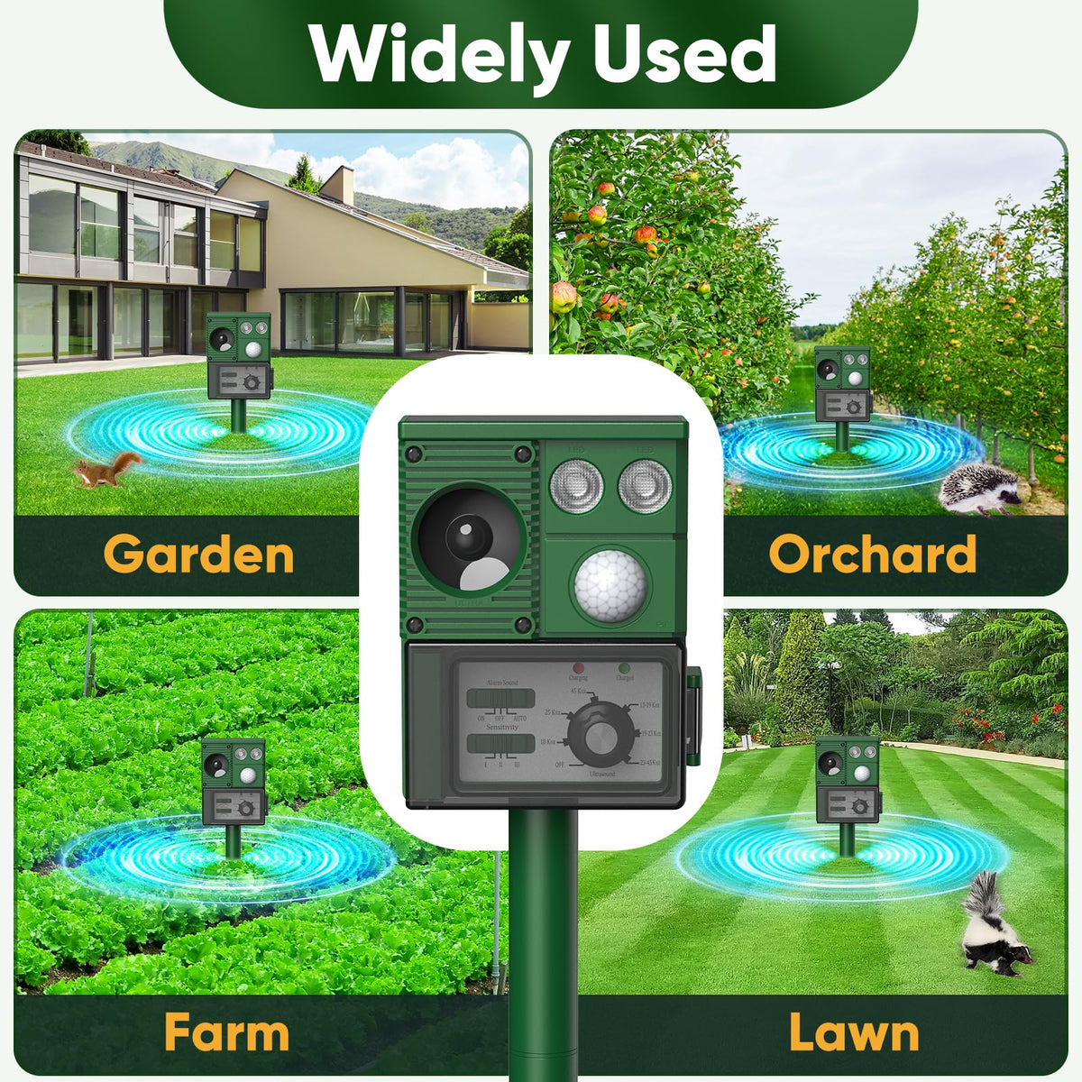 Solar Ultrasound Animal Repellent Outdoor, Deer Repellent Devices Skunk Repellent with Motion Detector & Flashing Light, Waterproof Raccoon Repeller, Cat Squirrel Rabbit Rat Repeller for Yard (Green)