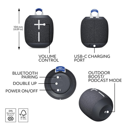 Ultimate Ears WONDERBOOM 4 Portable Waterproof Bluetooth Speaker with Big Bass and 360-Degree Sound, Dustproof Floating Speaker with 131ft (40m) Range - Black