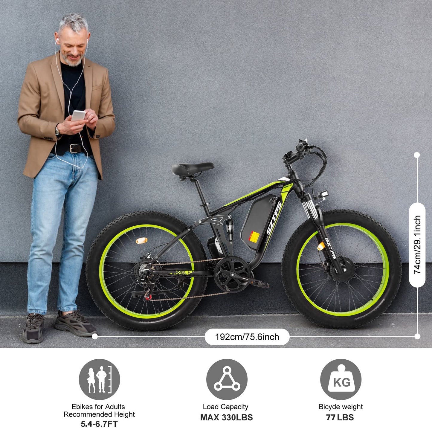 1500W Electric Bike for Adults, 26" Fat Tire Electric Mountain Bicycle, 48V 22.4Ah Removable Li-Ion Battery, Max 30.5Mph E-Bike Snow Beach,Electric Bicycle with 7 Speed Suspension Fork