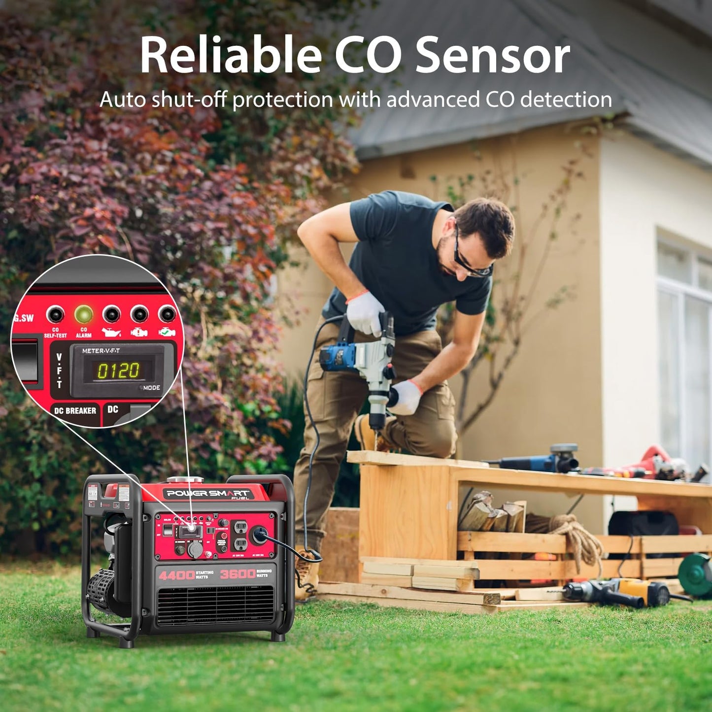 4400-Watt Portable Inverter Generator, PowerSmart Gas Powered, CO-Sensor, Lightweight & Quiet for Home Use and Emergency Backup, Camping, EPA Compliant