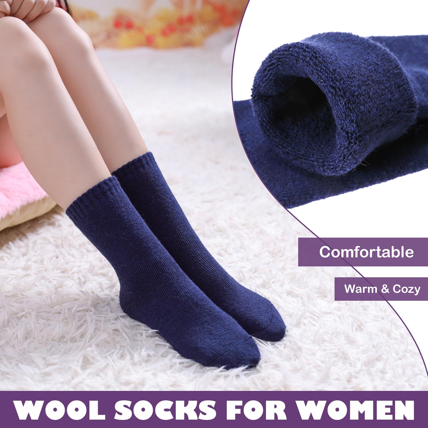 LINEMIN Wool Socks for Women Winter Warm Hiking Thick Warm Cozy Boot Crew Gift Socks 5 Pairs (Purple/Blue/Black/Dark Gray/Light Gray)