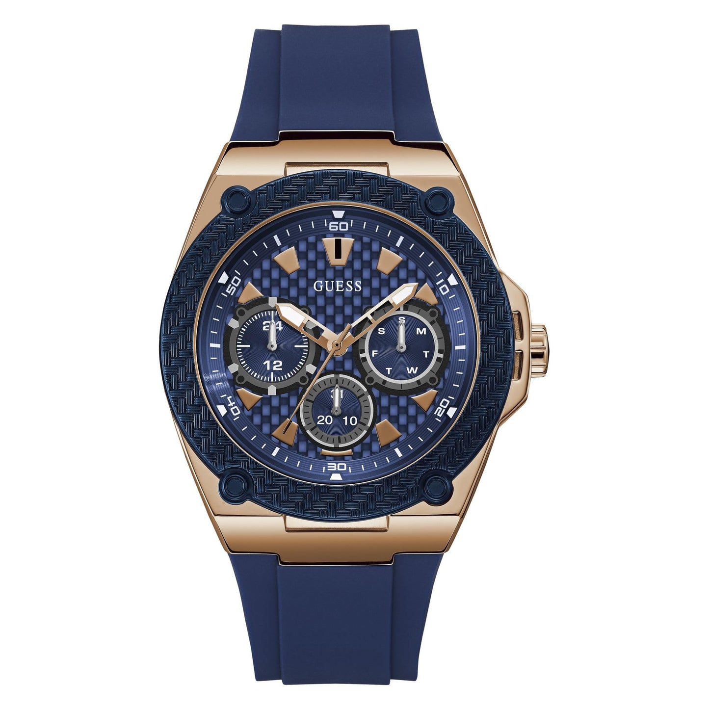 GUESS Comfortable Iconic Blue Stain Resistant Watch with Rose Gold-Tone Day, Date + 24 Hour Military/Int'l Time. Color: Blue (Model: U1049G2)