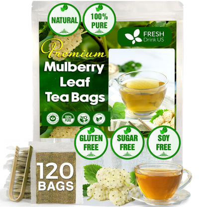 FreshDrinkUS Premium 120 Mulberry Leaf Tea Bags, 100% Natural & Pure. Loose Leaf Herbal Tea. Made with Natural Material Tea Bags. No Sugar, No Caffeine, No Gluten, Vegan