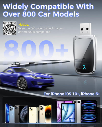 Wireless CarPlay Adapter for Apple iPhone, Converts Wired Connections to Wireless CarPlay, Zero delay, Plug-and-Play, Compatible with Apple iPhone iOS 10+ Systems and Various Vehicles（Silver）