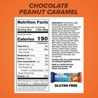 Pure Protein Bars, High Protein, Nutritious Snacks to Support Energy, Low Sugar, Gluten Free, Chocolate Peanut Caramel, 1.76oz, 12 Count (Pack of 1) (Packaging May Vary)
