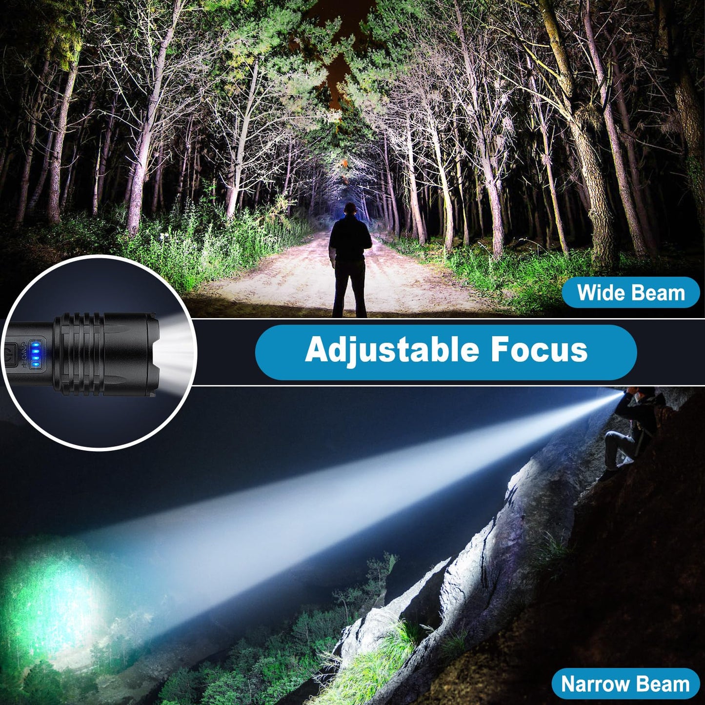 KINGCAESAR 3 Pack Rechargeable Flashlights 90,000 High Lumens, Super Bright LED Flash Light with 3 Light Modes, High Power Flashlight with Charging Cables, IPX7 Waterproof for Camping, Outdoor, Home