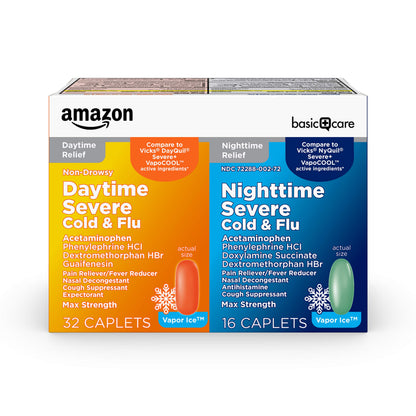 Amazon Basic Care Vapor Ice Day and Night Severe Cold and Flu Relief Caplets, Maximum Strength Medicine, Combo Pack, 48 Count