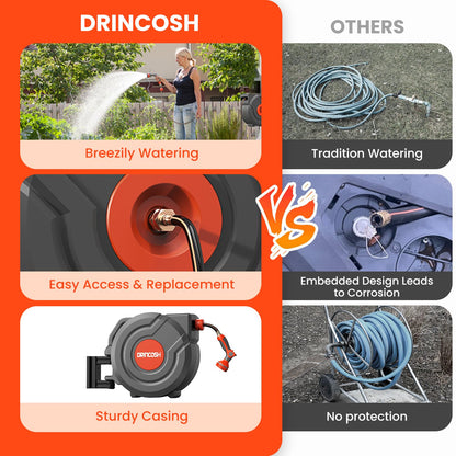 3rd Generation Retractable Garden Hose 100 ft x 1/2 inch Heavy Duty Wall-Mounted Hose Reel 180° Swivel Automatic Slow Return Any Length Lock 9 Pattern Nozzle UV Resistant (Black)