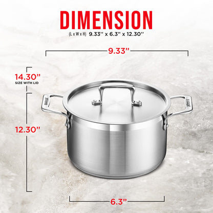 Stockpot – 5 Quart – Brushed Stainless Steel – Heavy Duty Induction Pot with Lid and Riveted Handles – For Soup, Seafood, Stock, Canning and for Catering for Large Groups and Events by BAKKEN