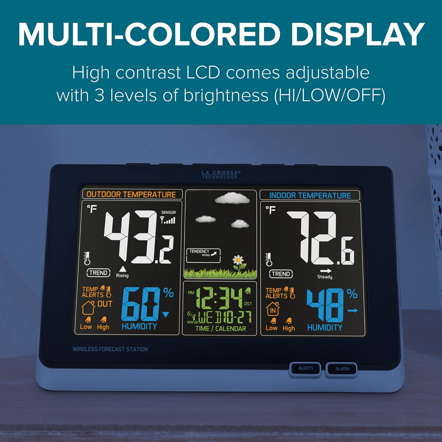 La Crosse Technology Advanced Weather Station with Full-Color LCD & Atomic Time - Monitor Indoor/Outdoor Conditions with Temperature Alerts and Humidity Readings with Transmission Range of 300 Feet