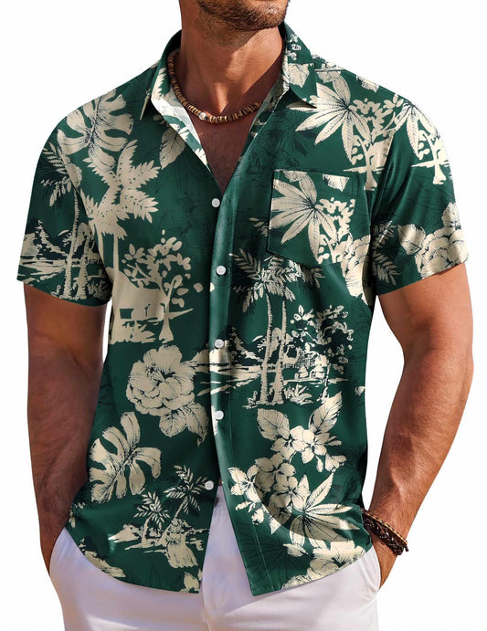 COOFANDY Men's Short Sleeve Hawaiian Shirts for Men Casual Button Down Shrts Summer Beach Shirts, Green - Palm Tree, 4X-Large