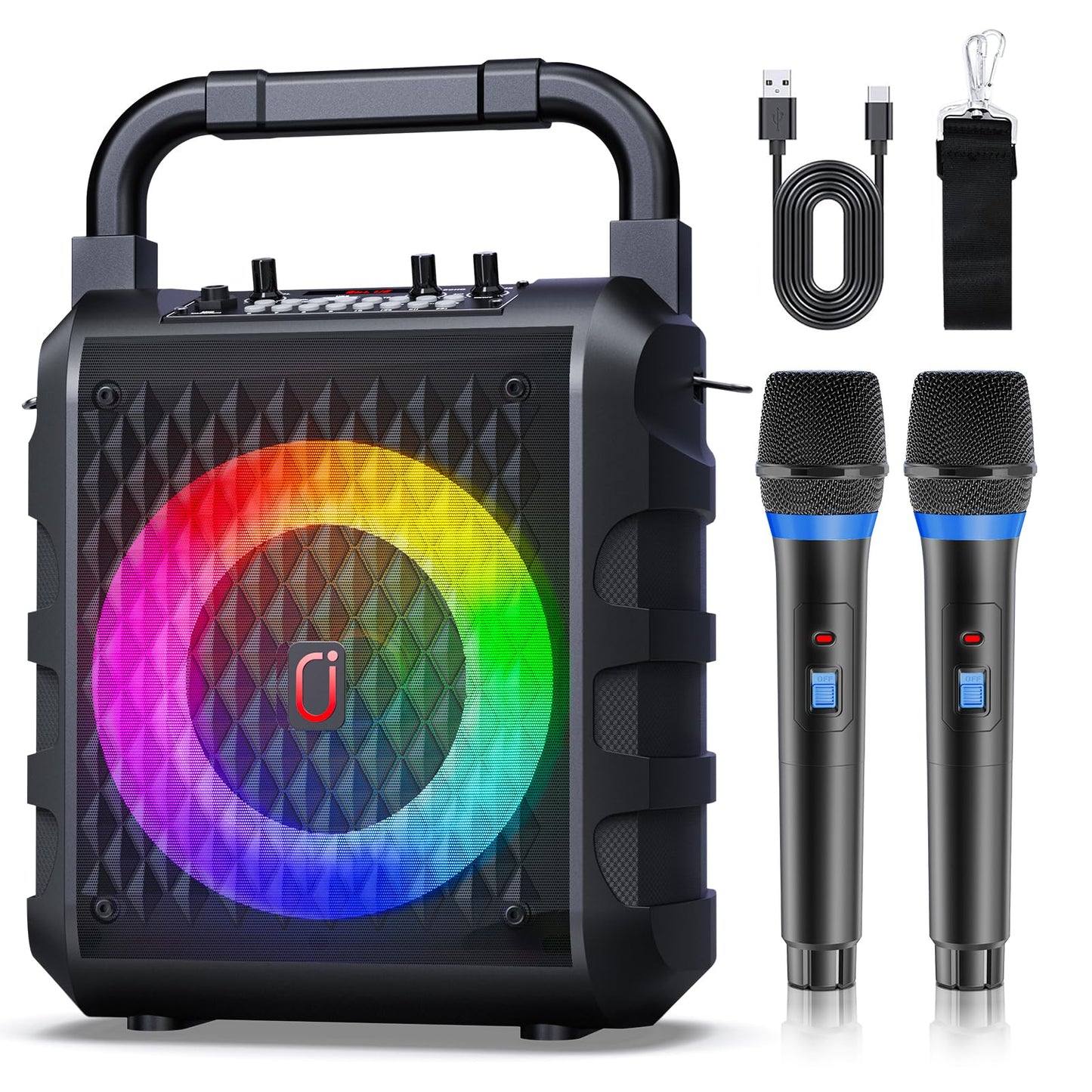 Karaoke Machine with 2 Wireless Microphones, Portable Karaoke Machine for Adults & Kids, 【2024 Upgrade】Bluetooth Karaoke Speaker with Microphones, PA System, Party Lights, Support USB/TF Card/AUX/REC