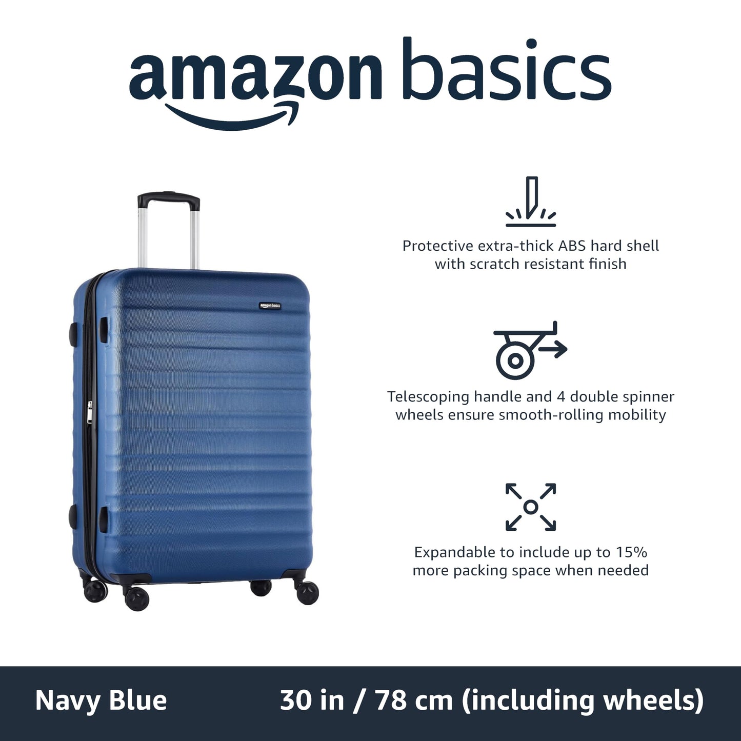 Amazon Basics Expandable Hardside Luggage, Suitcase with Wheels, 30-inch Spinner with Four Spinner Wheels and Scratch-Resistant Surface, Navy Blue