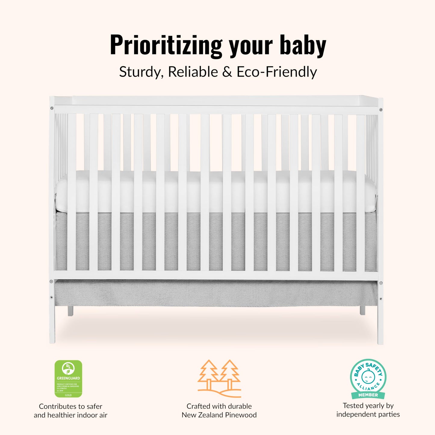 Dream On Me Synergy 5-in-1 Convertible Full-Size Baby Crib with Toddler, Day & Full Bed Conversion in White, GreenGuard Gold & BSA, 3 Mattress Heights, Sustainable Pinewood