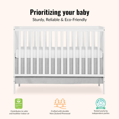 Dream On Me Synergy 5-in-1 Convertible Full-Size Baby Crib with Toddler, Day & Full Bed Conversion in White, GreenGuard Gold & BSA, 3 Mattress Heights, Sustainable Pinewood