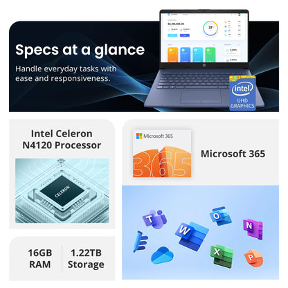 HP Flagship 14" HD Laptop with 1 Year Office 365 | 16GB RAM | 1.22TB Storage(64GB EMMC & 160GB Docking Station Set & 1TB Cloud Storage) | Intel 4-Core Processor | Webcam | Win 11s | Blue