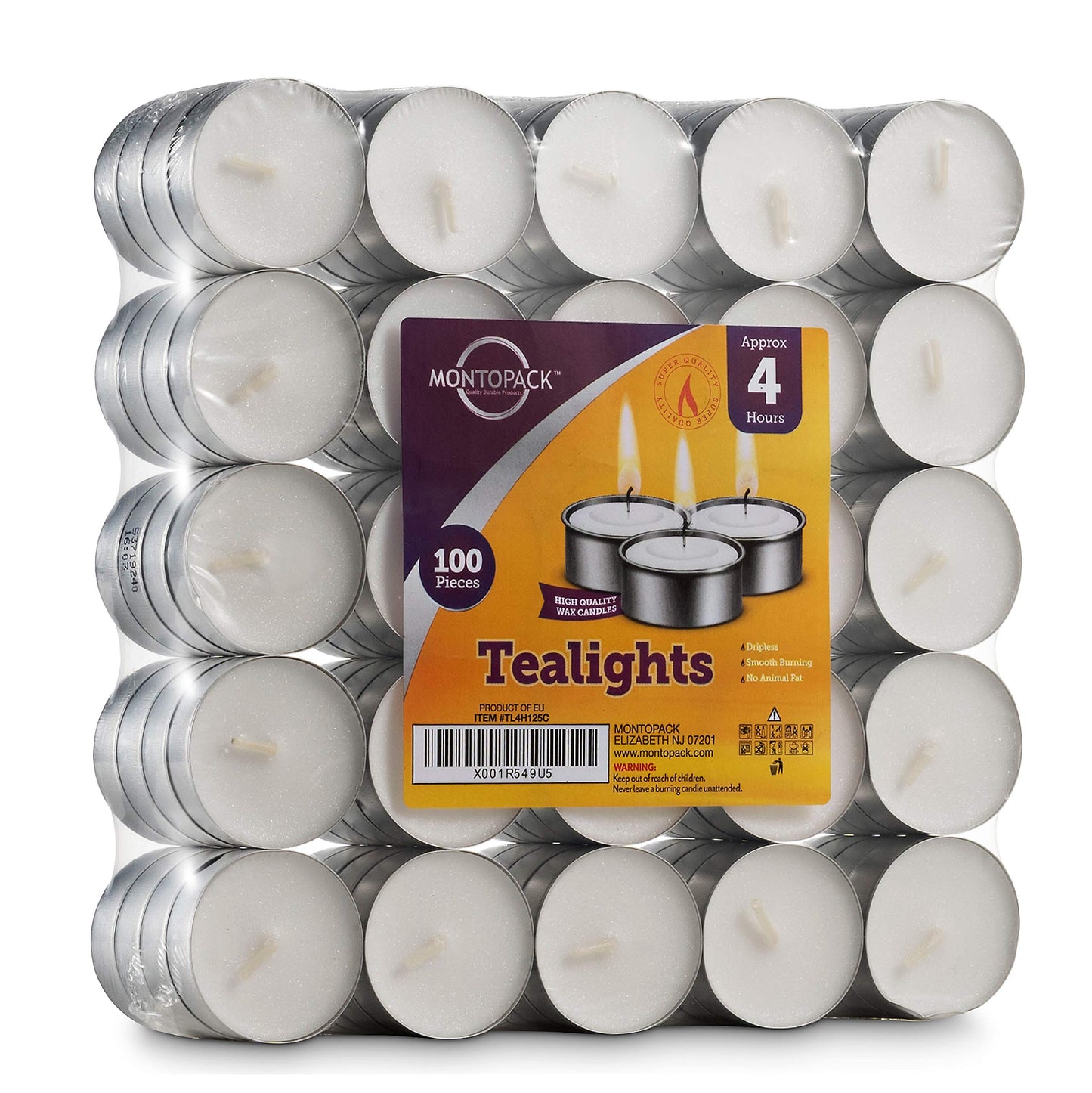 MontoPack Unscented Tea Light Candles 100 Pack | 4 hours, White, Smokeless, Dripless Small Votive Paraffin Tealights | Long-Lasting for Home, Shabbat, Weddings, Events, Emergencies | Mini Candles Bulk