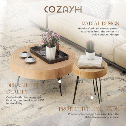 COZAYH 2-Piece Round Nesting Coffee Table Set, Natural Wood Top with Black Metal Legs, Ring Pattern – Rustic Farmhouse Accent for Living Room or Bedroom – Space-Saving Modern Furniture