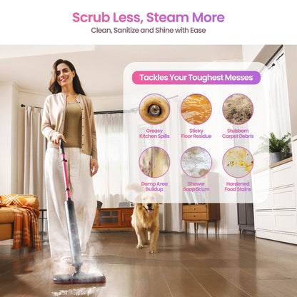 Schenley Steam Mop Cleaner Powerful - 15s Fast Heat-Up, Chemical-Free for Hardwood/Tile/Laminate & Floors/Walls, Washable Pads, 3 Modes for Carpet, Lightweight, Self-Standing, Sleek Design