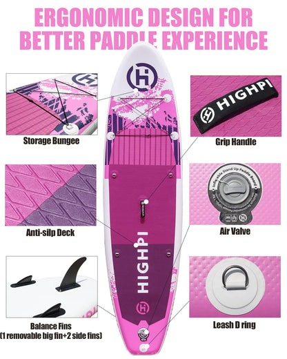 Highpi Inflatable Stand Up Paddle Boards, 10'6''x32''x6'' SUP with Accessories Backpack Anti-Slip Deck, Leash, Paddle and Hand Pump, Pink Paddle Board Standing Boat for Youth & Adult