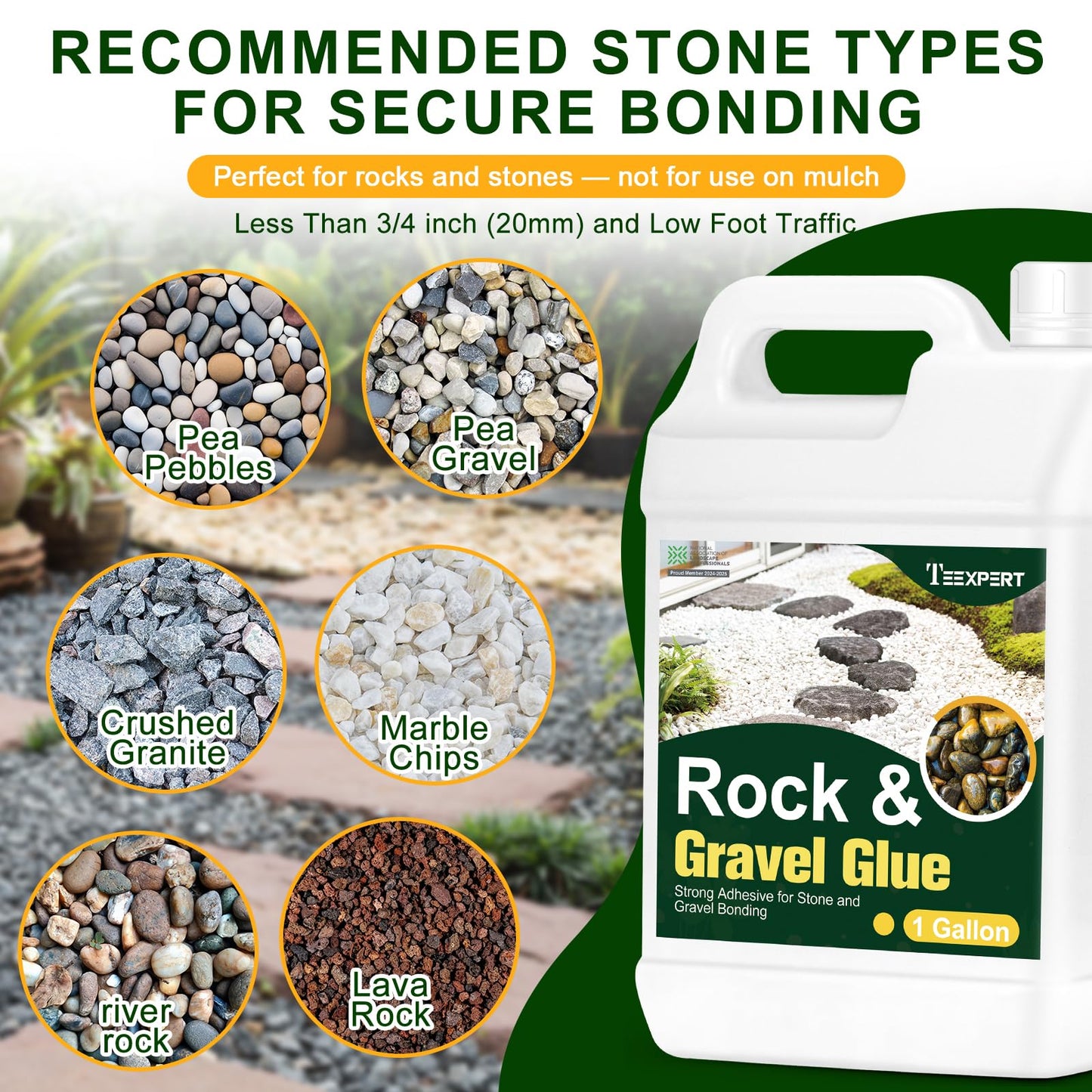 Teexpert 1 Gallon Rock Glue for Landscaping – Strong Pea Gravel Binder & Stone Adhesive for Walkways, Yards, Patios, and Decorative Driveway Edges