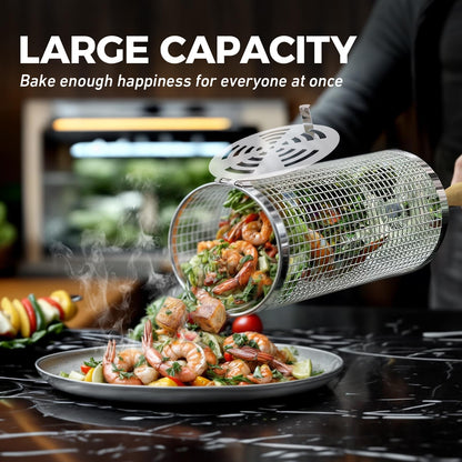 Rolling Grill Basket(2PCS), Removable Wooden Handle, 304 Stainless Steel, Grilling Accessories Tools for Vegetables Meat Food, Outdoor Camping Grilling, Birthday Gifts for Men Husband Men