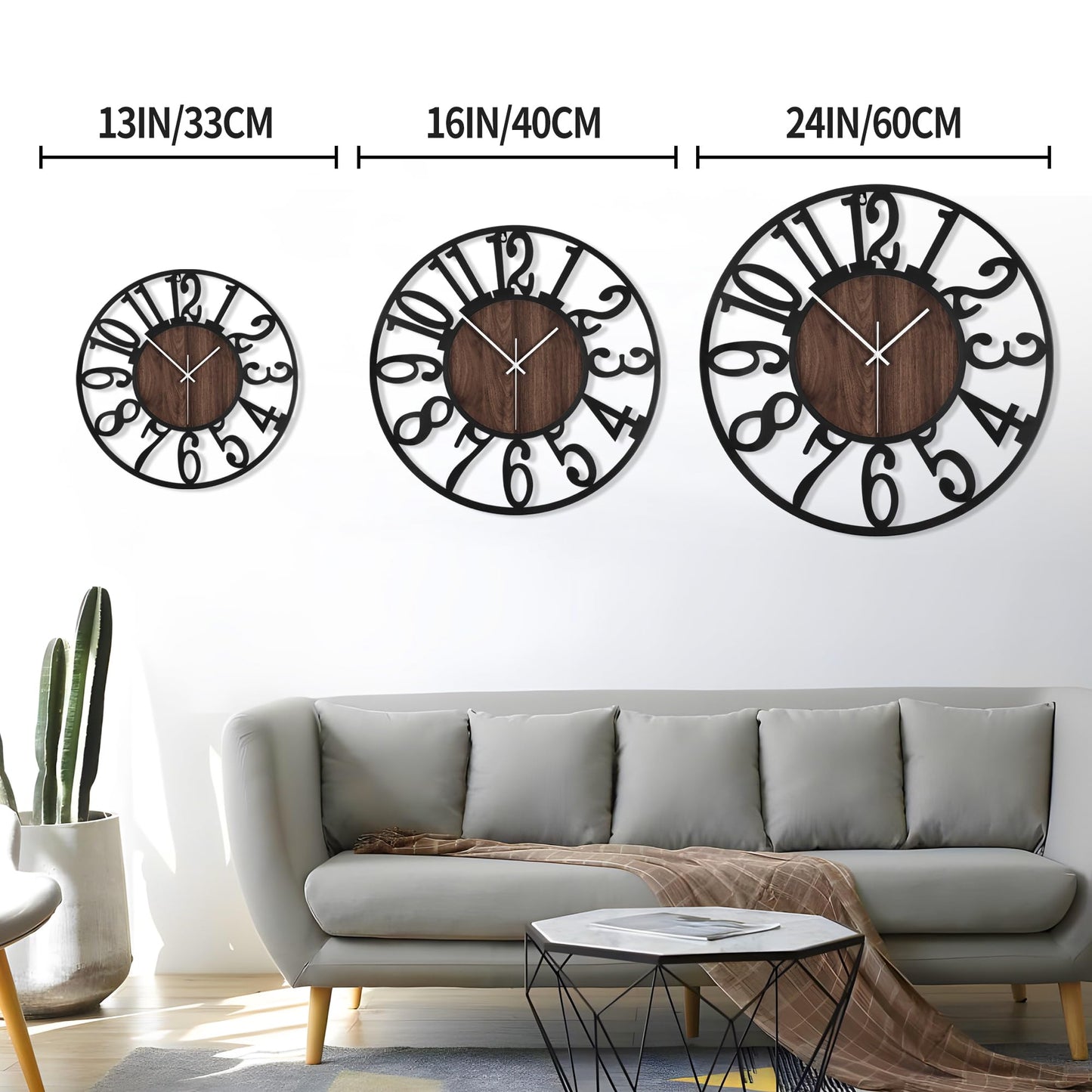 LEIKE Large Wall Clocks,Silent,Non Ticking,Battery Operated Rustic Round Modern Big Wood Wall Clock for Living Room, Bedroom,Kitchen,Farmhouse,Office,Home Decor-16 Inch(Black-Arabic Number)