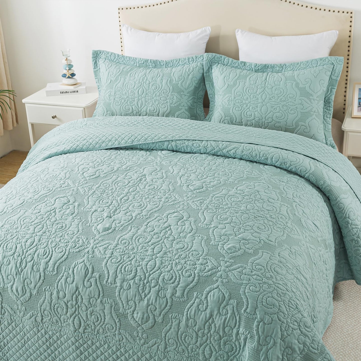 Travan 3-Piece Queen Quilt Set Quilted Bedspread Oversized Microfiber Lightweight Bedspread Coverlet Set with Shams Bedding Set for All Season, Blue, Queen Size