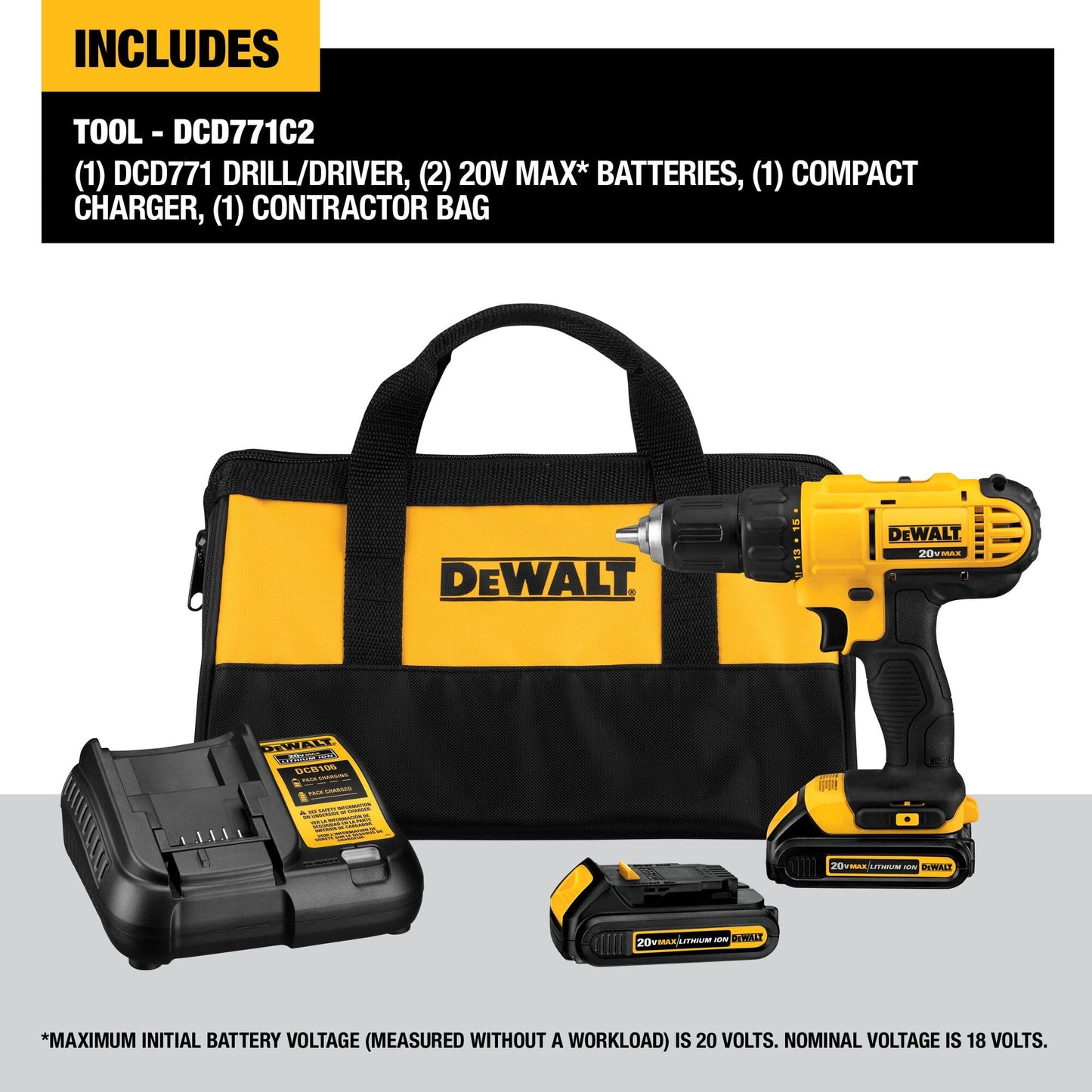 DEWALT 20V Max Cordless Drill/Driver Kit, Includes 2 Batteries and Charger (DCD771C2)