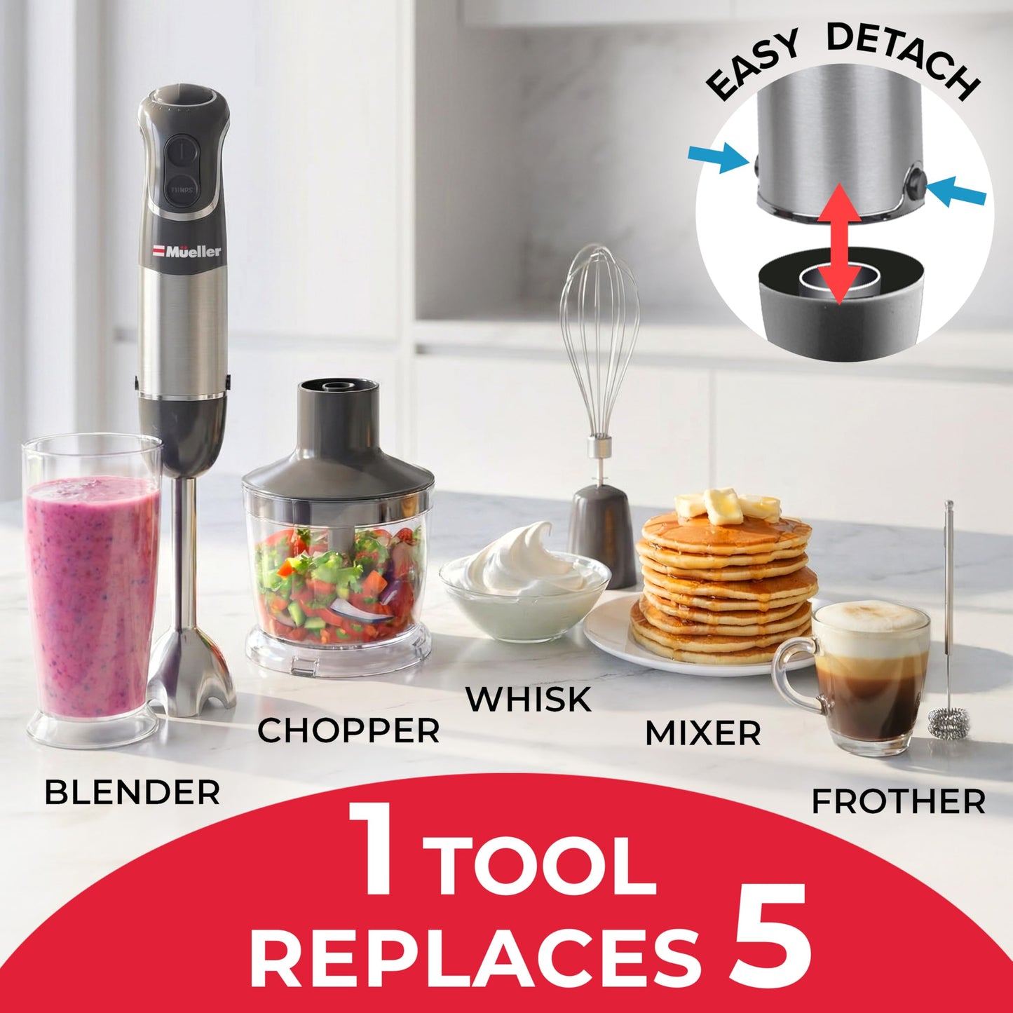 Mueller Multistick 5-in-1 Immersion Blender Handheld, 12-Speed Hand Mixer
