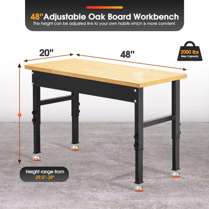 Antifir 48" Adjustable Workbench,Heavy Duty Workstation with Rubber Wood Top, 2000 LBS Load Capacity Hardwood Garage Workbench for Garage,Office,Workshop,Home, Easy Assembly