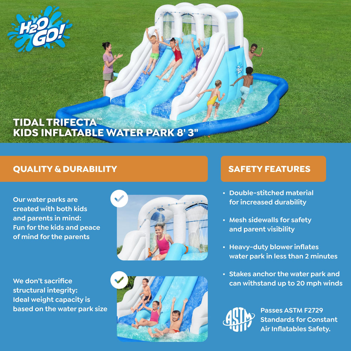 Bestway H2OGO! Tidal Trifecta Kids Inflatable Water Park | Inflatable Triple Slide and Splash Pool | Great for Kids Ages 5 and Up