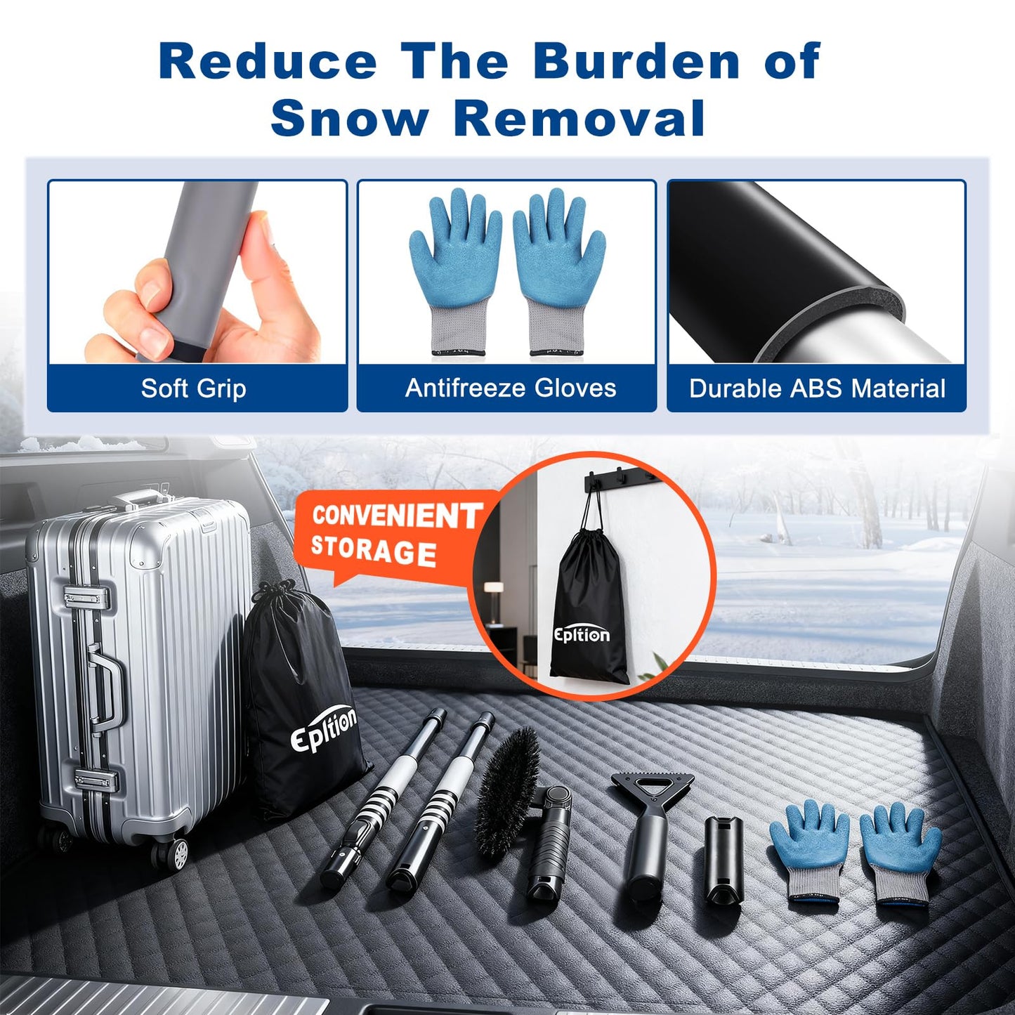 72" Extendable Long Snow Brush with Ice Scraper for Car Truck SUV Van - Soft Squeegee with 270° Pivoting Brush Head for Windshield Window - Snow Scraper & Antifreeze Gloves for Car Winter Accessories