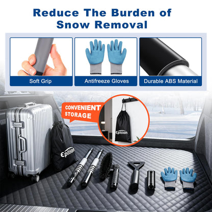 72" Extendable Long Snow Brush with Ice Scraper for Car Truck SUV Van - Soft Squeegee with 270° Pivoting Brush Head for Windshield Window - Snow Scraper & Antifreeze Gloves for Car Winter Accessories