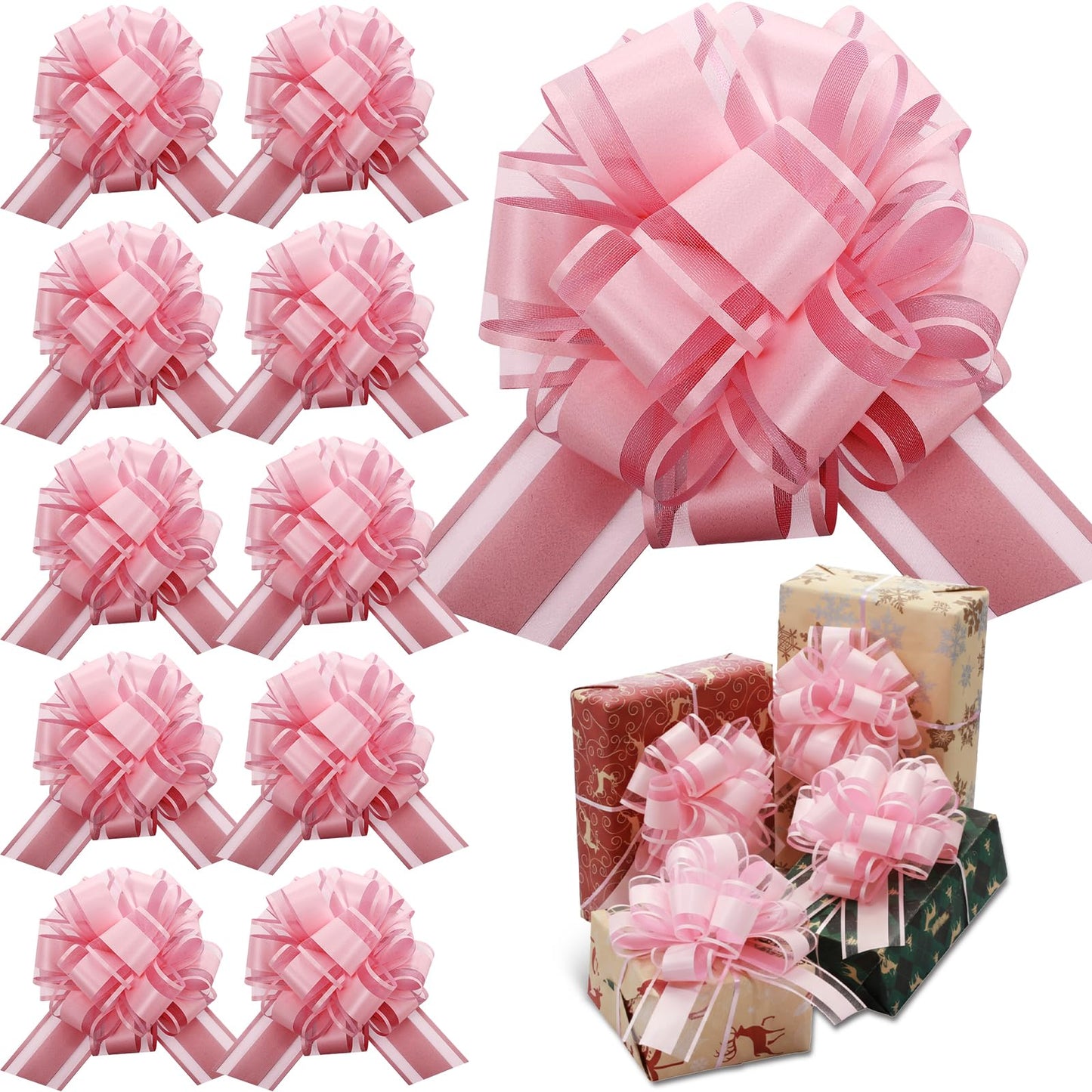 WILLBOND 10 Pcs Large Christmas Pull Bows Gift Wrapping 6 Inch Pull Bows for Christmas Party Birthday Wedding Baskets Xmas for Gift Wrapping Decorations(Lotus Root Pink)