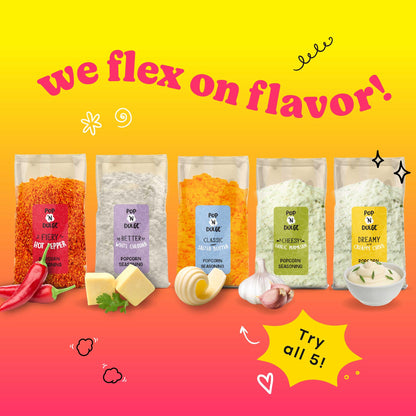 Pop n' Dulge Popcorn Movie Night Supplies 16 pcs Gift Set, 5 Gourmet Popcorn Kernels, 5 Seasoning Variety Packs Non-GMO Kosher Snacks, Great Housewarming Family Date Night Gifts Basket Ideas For Him Her