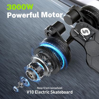 isinwheel V10 Electric Skateboard with Remote, 3000W Brushless Motor, 32 Mph Top Speed & 28 Miles Range, IP54 Waterproof, Electric Longboard Offroad for Adults ＆Teens with Ambient Light