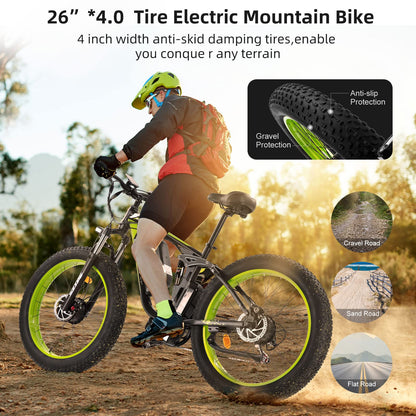 1500W Electric Bike for Adults, 26" Fat Tire Electric Mountain Bicycle, 48V 22.4Ah Removable Li-Ion Battery, Max 30.5Mph E-Bike Snow Beach,Electric Bicycle with 7 Speed Suspension Fork