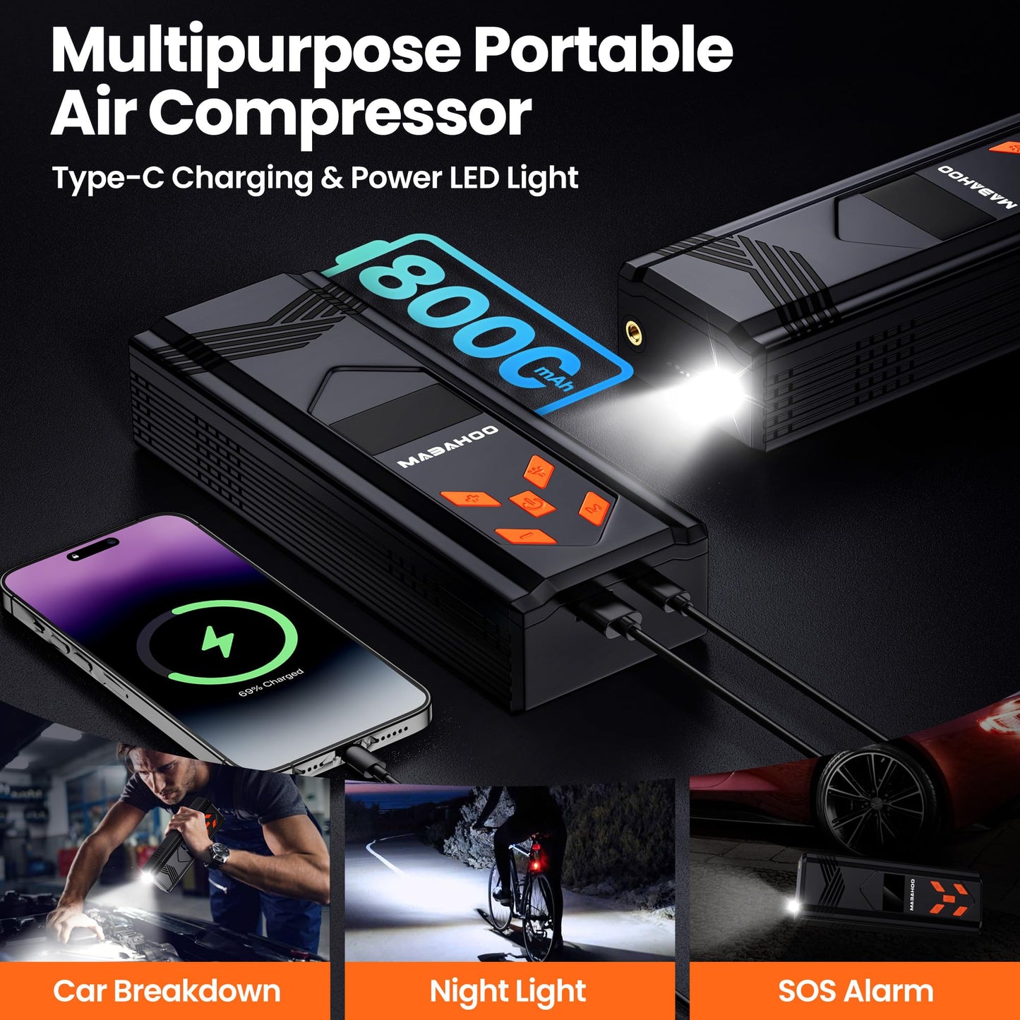 Jump Starter with Air Compressor, 3000A Car Jumper Starter Battery Pack with 150PSI Tire Inflator, 12V Portable Jump Box for Car Charger Battery Booster with LCD Display (Up 9L Gas/8L Diesel Engine)